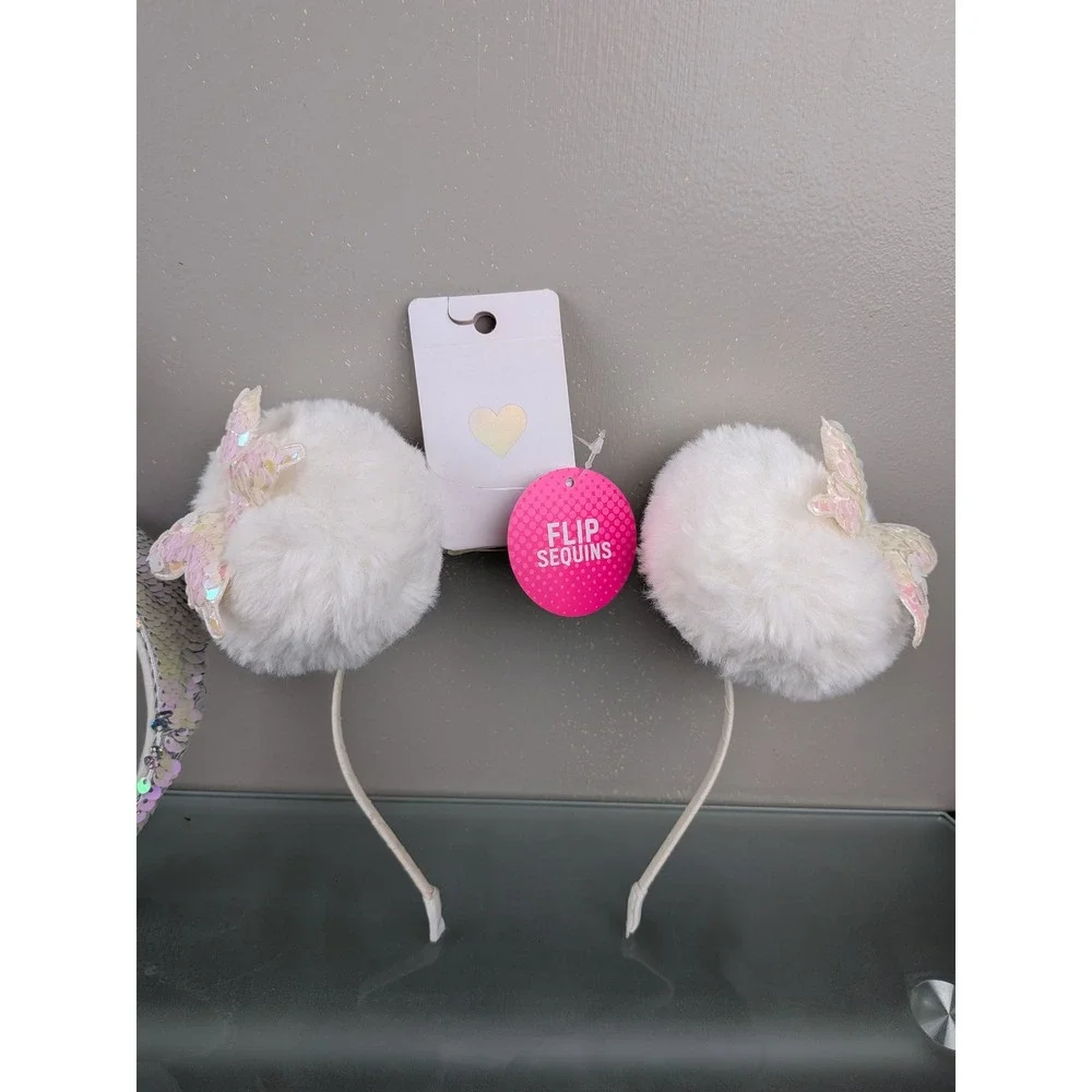 Girls Light Up Sequin Headband & Faux Fur Butterfly Pom Pom Headband Set NWT
